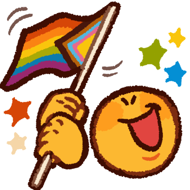 A happy yellow face with stars around it, holding a progress pride flag and waving it.